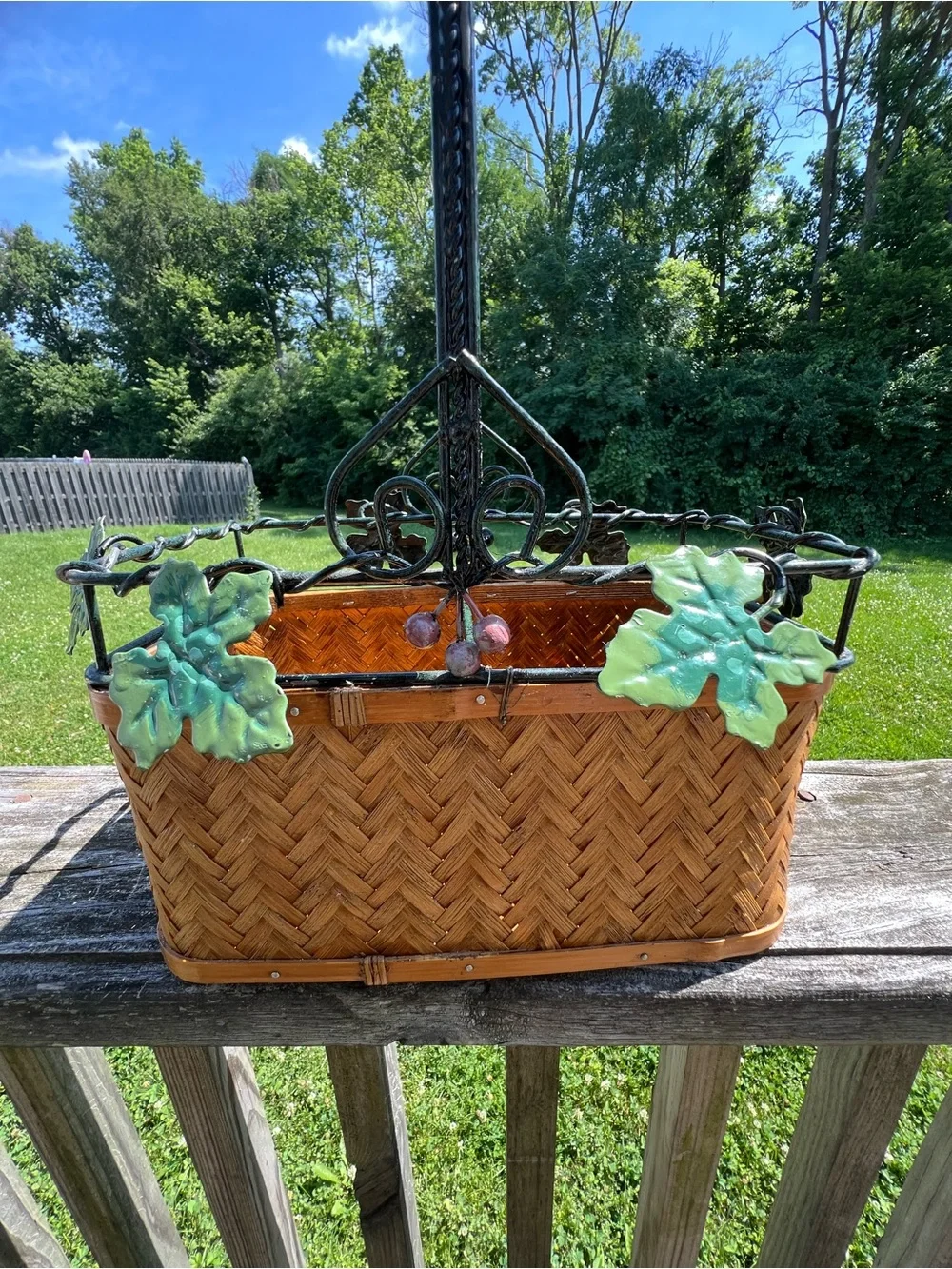 Woven Brown Basket Planter with Decorative Leaf Trim